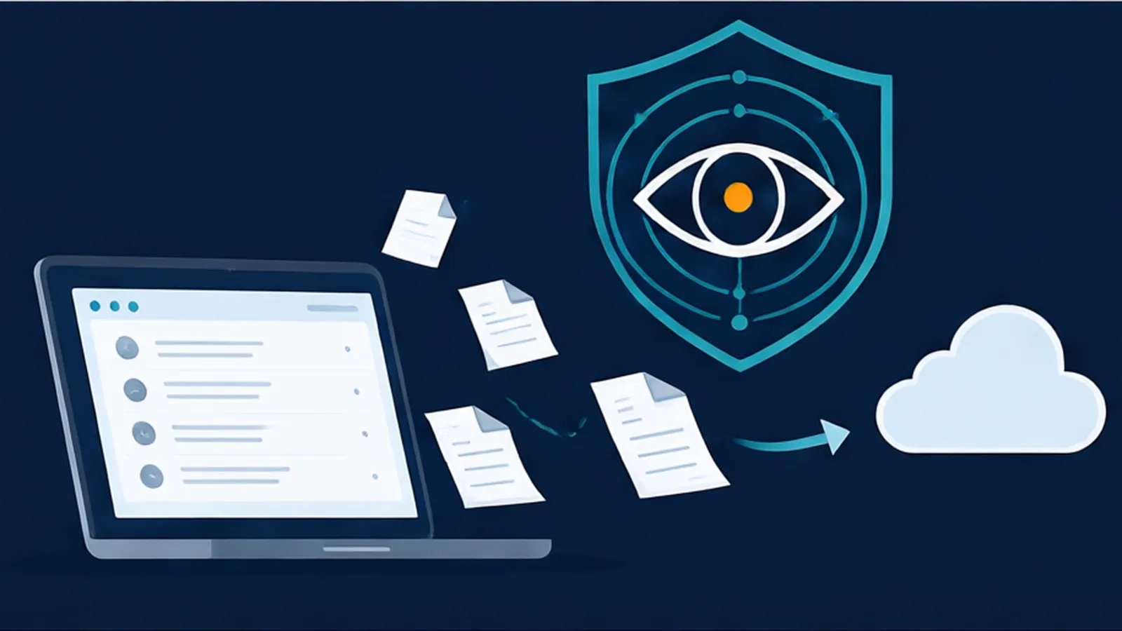 Схема: сотрудник выгружает данные из CRM, виджет-щит с глазом фиксирует событие